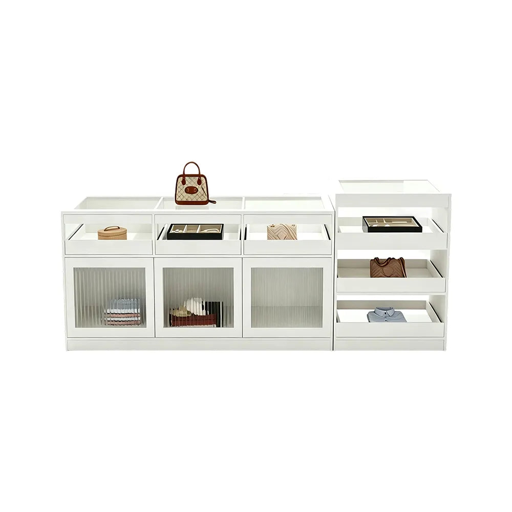 LIVARA 120/180cm Retail Island Display Cabinet with Tempered Glass and Deep Storage for Boutique & Clothing Store - White