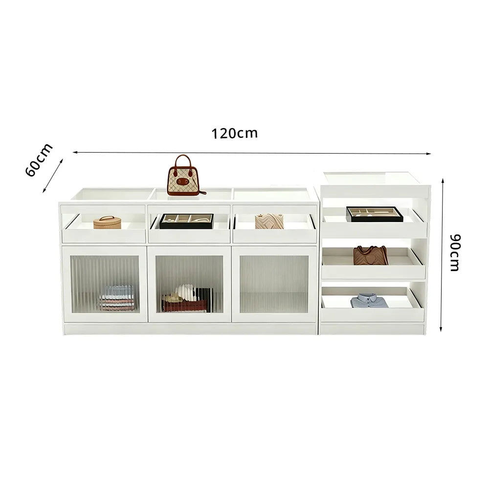LIVARA 120/180cm Retail Island Display Cabinet with Tempered Glass and Deep Storage for Boutique & Clothing Store - White
