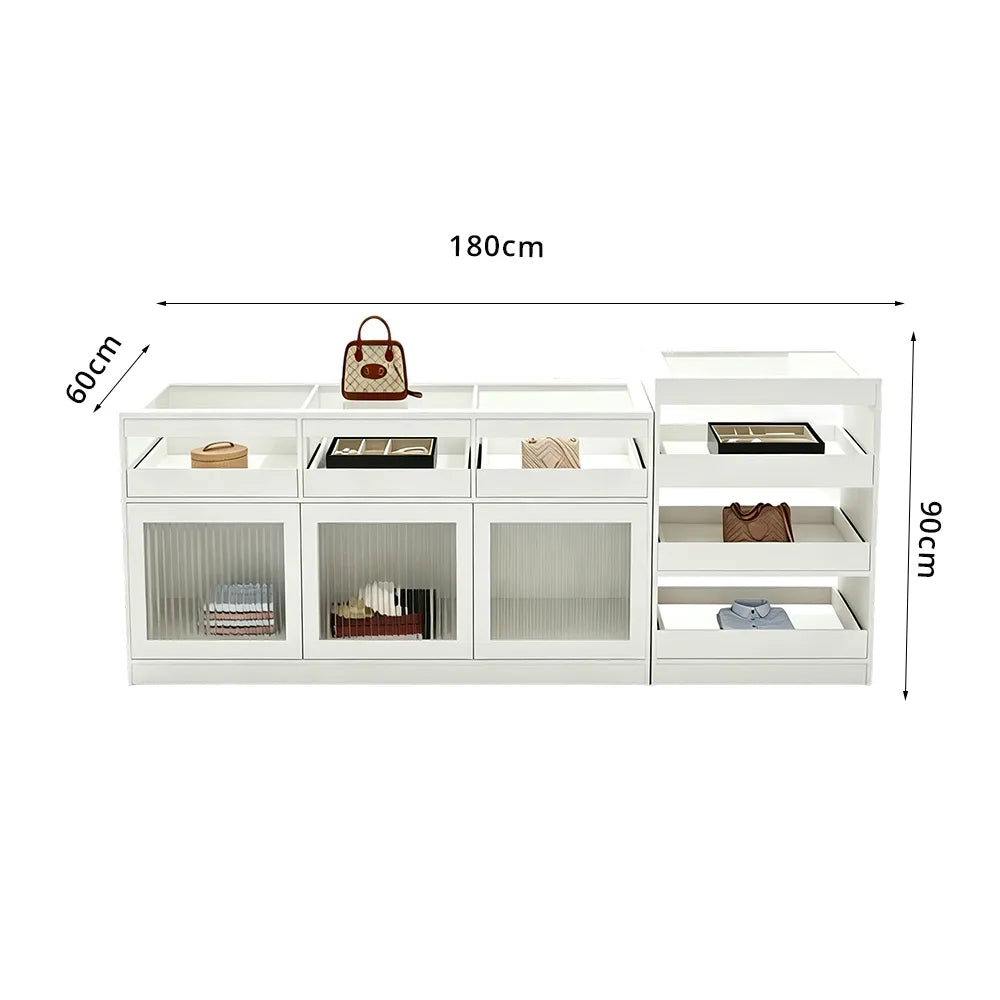 LIVARA 120/180cm Retail Island Display Cabinet with Tempered Glass and Deep Storage for Boutique & Clothing Store - White