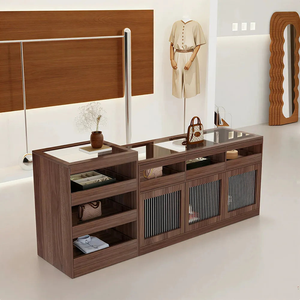 LIVARA 120/180cm Retail Island Display Cabinet with Tempered Glass and Deep Storage for Boutique & Clothing Store - Walnut