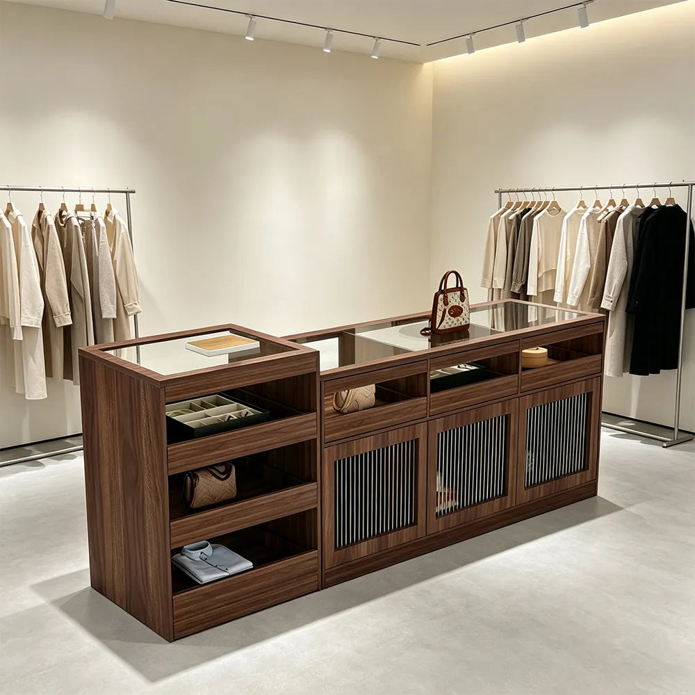 LIVARA 120/180cm Retail Island Display Cabinet with Tempered Glass and Deep Storage for Boutique & Clothing Store - Walnut