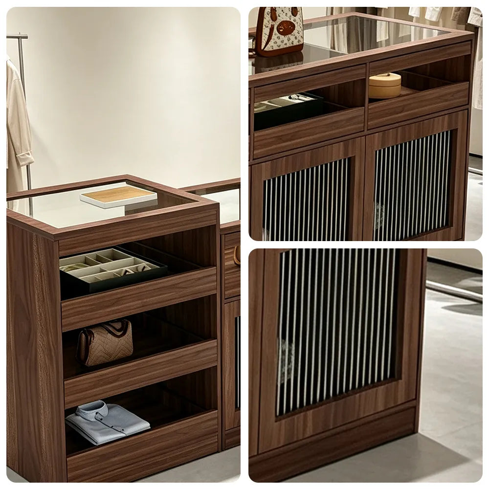 LIVARA 120/180cm Retail Island Display Cabinet with Tempered Glass and Deep Storage for Boutique & Clothing Store - Walnut