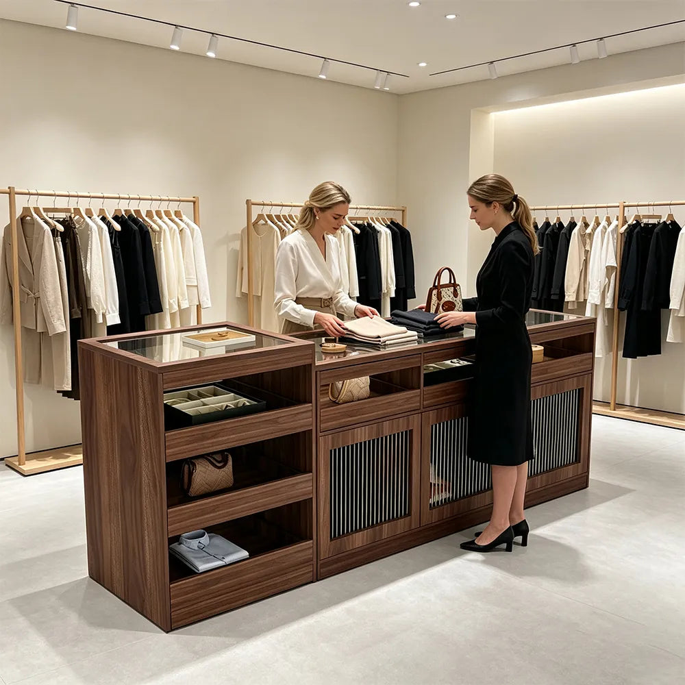 LIVARA 120/180cm Retail Island Display Cabinet with Tempered Glass and Deep Storage for Boutique & Clothing Store - Walnut