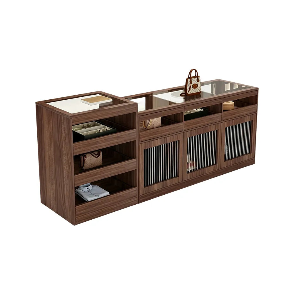 LIVARA 120/180cm Retail Island Display Cabinet with Tempered Glass and Deep Storage for Boutique & Clothing Store - Walnut