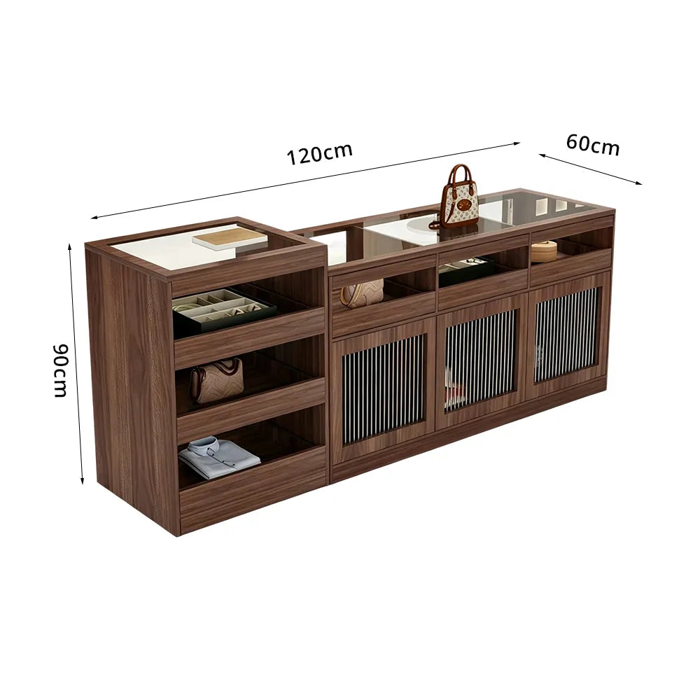 LIVARA 120/180cm Retail Island Display Cabinet with Tempered Glass and Deep Storage for Boutique & Clothing Store - Walnut