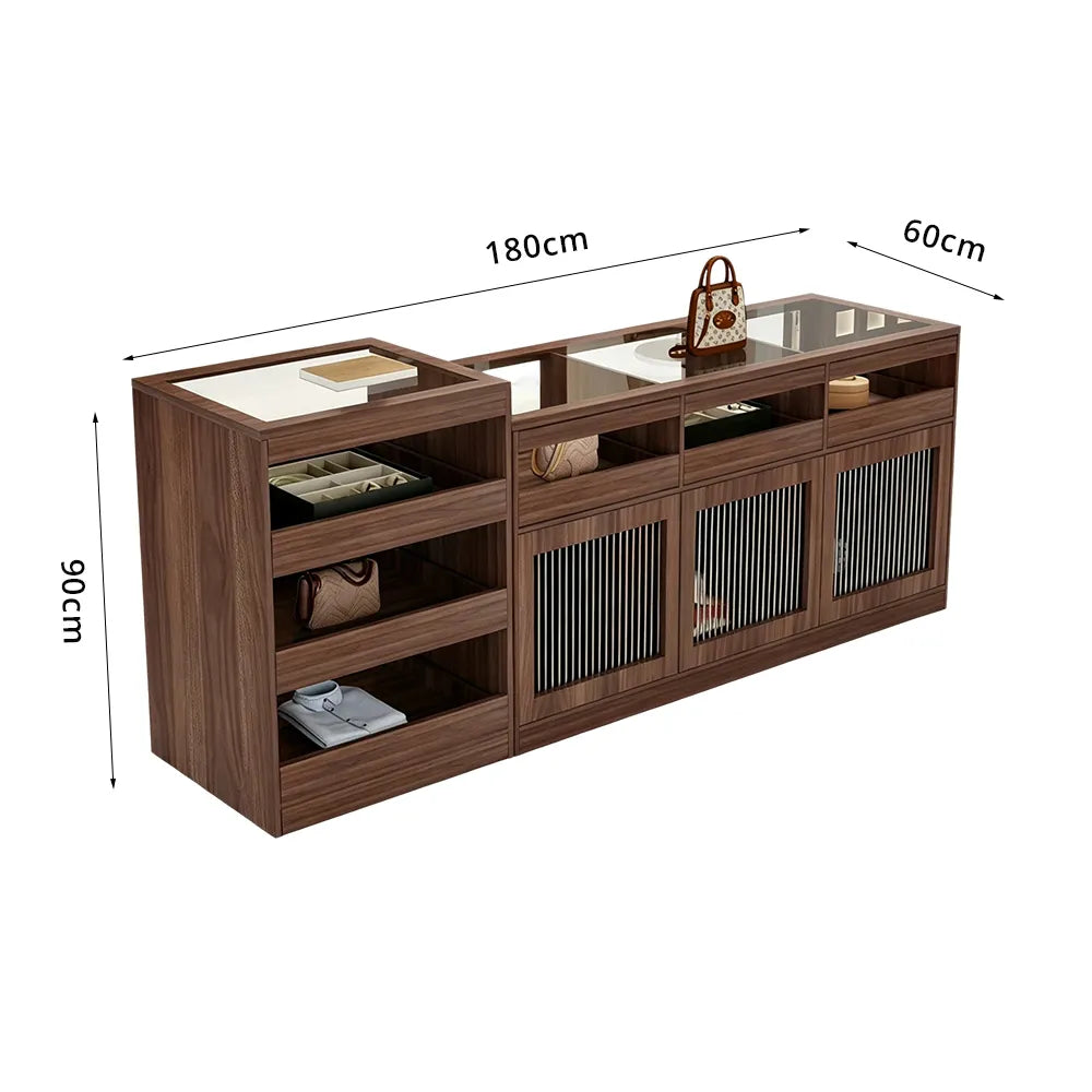 LIVARA 120/180cm Retail Island Display Cabinet with Tempered Glass and Deep Storage for Boutique & Clothing Store - Walnut