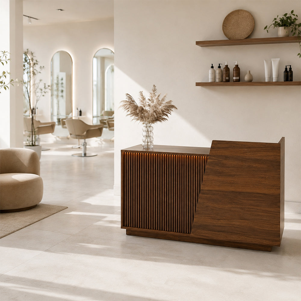 LIVARA 120/180cm Modern Reception Counter with LED Lighting and Storage for Retail Store & Salon - Walnut Slatted, Left Raised Counter