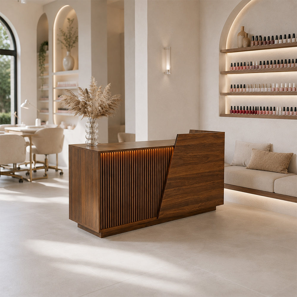 LIVARA 120/180cm Modern Reception Counter with LED Lighting and Storage for Retail Store & Salon - Walnut Slatted, Left Raised Counter
