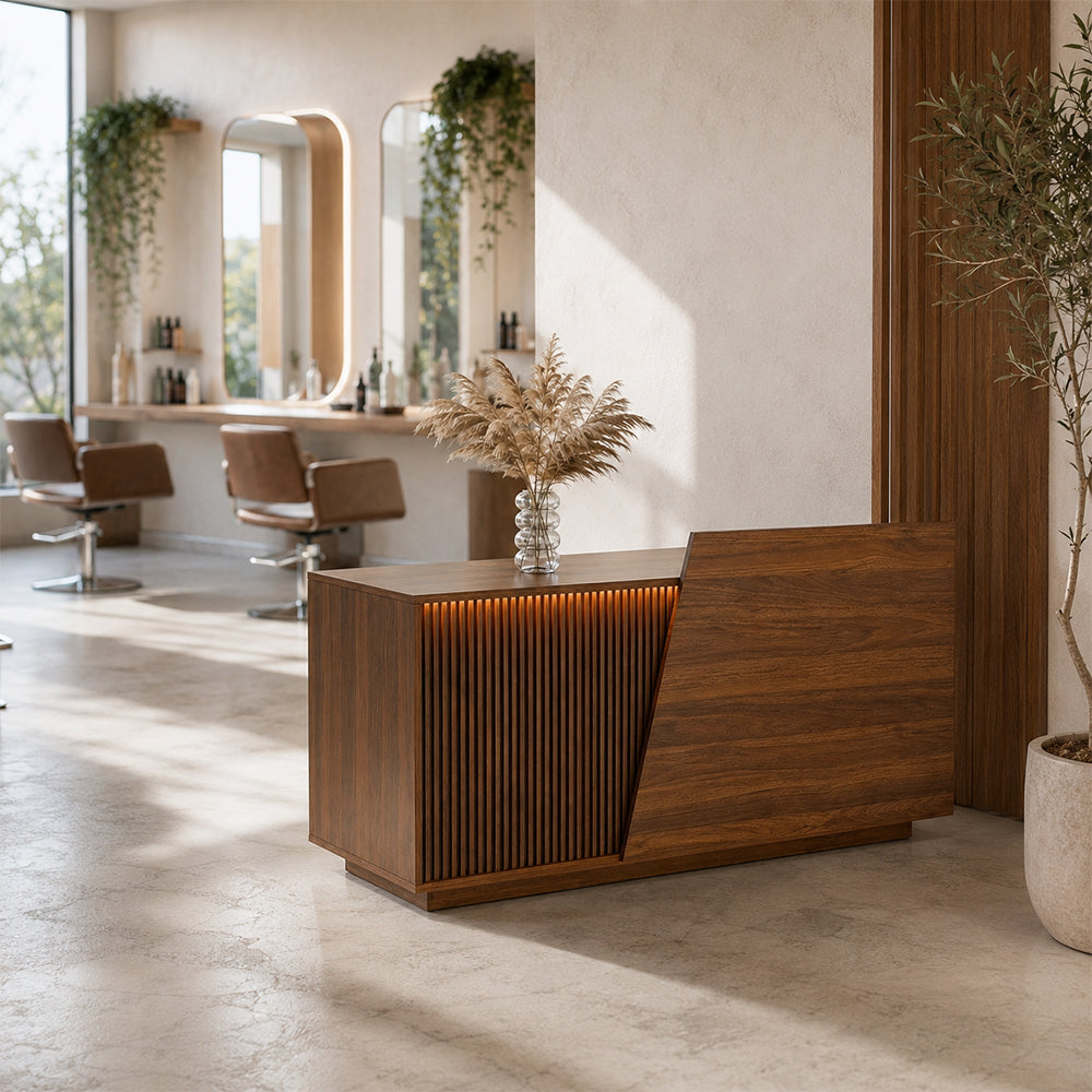LIVARA 120/180cm Modern Reception Counter with LED Lighting and Storage for Retail Store & Salon - Walnut Slatted, Left Raised Counter