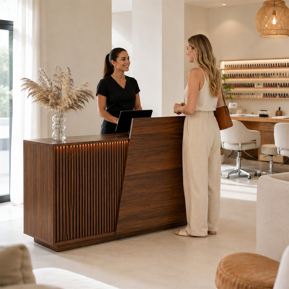 LIVARA 120/180cm Modern Reception Counter with LED Lighting and Storage for Retail Store & Salon - Walnut Slatted, Left Raised Counter