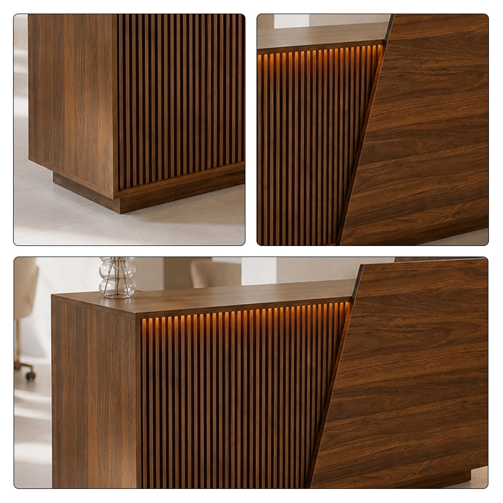 LIVARA 120/180cm Modern Reception Counter with LED Lighting and Storage for Retail Store & Salon - Walnut Slatted, Left Raised Counter