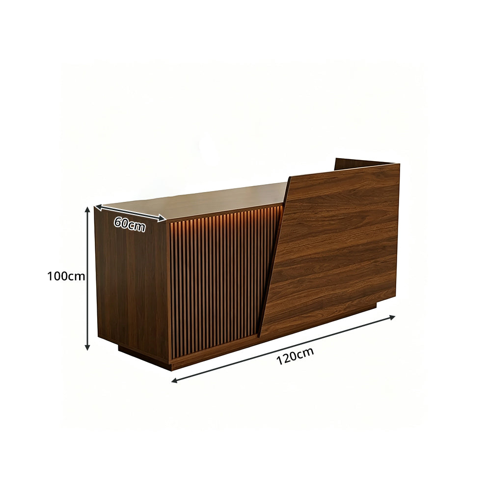 LIVARA 120/180cm Modern Reception Counter with LED Lighting and Storage for Retail Store & Salon - Walnut Slatted, Left Raised Counter