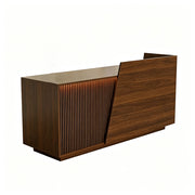 LIVARA 120/180cm Modern Reception Counter with LED Lighting and Storage for Retail Store & Salon - Walnut Slatted, Left Raised Counter