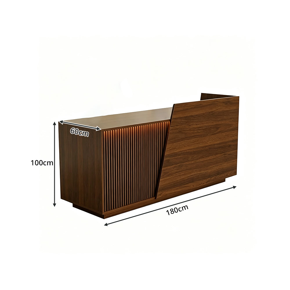 LIVARA 120/180cm Modern Reception Counter with LED Lighting and Storage for Retail Store & Salon - Walnut Slatted, Left Raised Counter