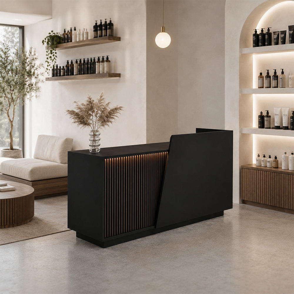 LIVARA 120/180cm Modern Reception Counter with LED Lighting and Storage for Retail Store & Salon - Black Slatted, Left Raised Counter