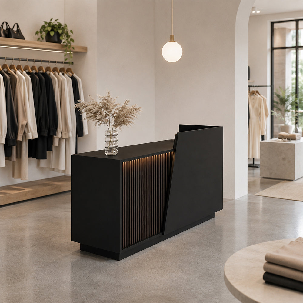 LIVARA 120/180cm Modern Reception Counter with LED Lighting and Storage for Retail Store & Salon - Black Slatted, Left Raised Counter