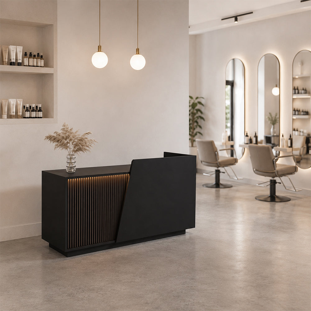 LIVARA 120/180cm Modern Reception Counter with LED Lighting and Storage for Retail Store & Salon - Black Slatted, Left Raised Counter