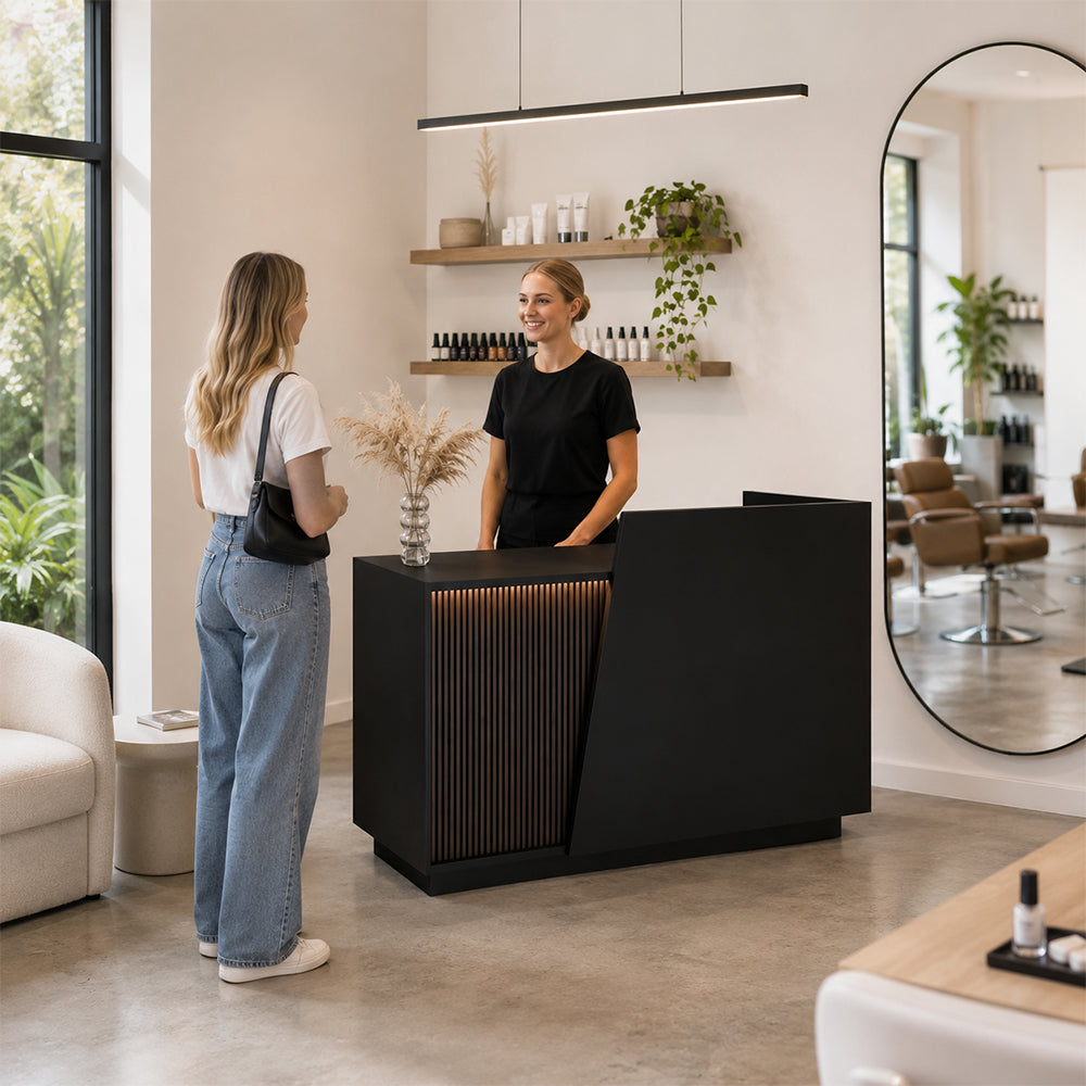 LIVARA 120/180cm Modern Reception Counter with LED Lighting and Storage for Retail Store & Salon - Black Slatted, Left Raised Counter