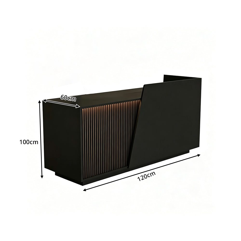 LIVARA 120/180cm Modern Reception Counter with LED Lighting and Storage for Retail Store & Salon - Black Slatted, Left Raised Counter