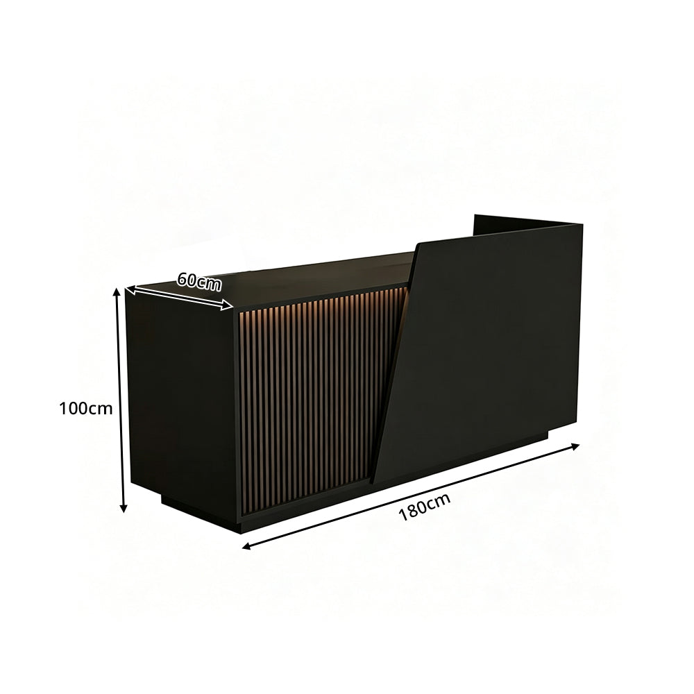 LIVARA 120/180cm Modern Reception Counter with LED Lighting and Storage for Retail Store & Salon - Black Slatted, Left Raised Counter