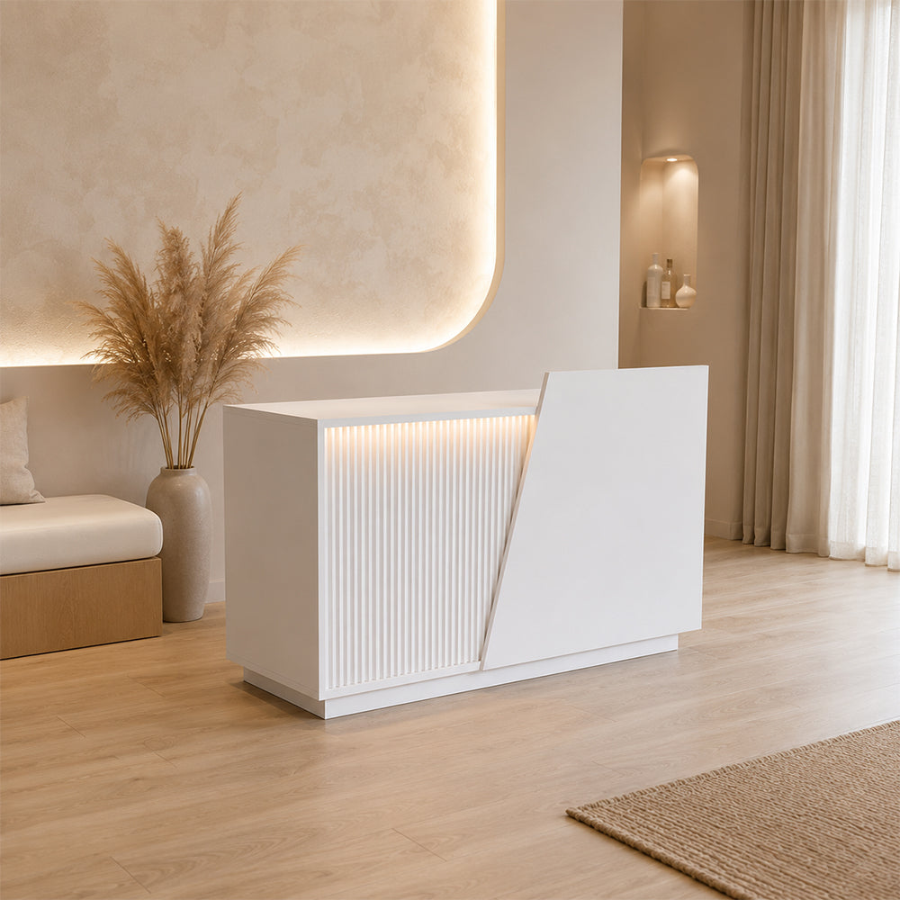 LIVARA 120/180cm Modern Reception Counter with LED Lighting and Storage for Retail Store & Salon - White Slatted, Left Raised Counter