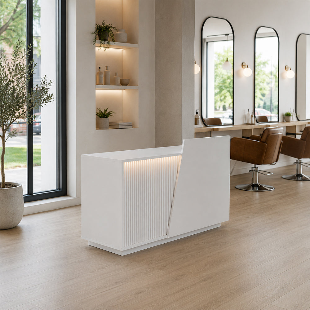 LIVARA 120/180cm Modern Reception Counter with LED Lighting and Storage for Retail Store & Salon - White Slatted, Left Raised Counter