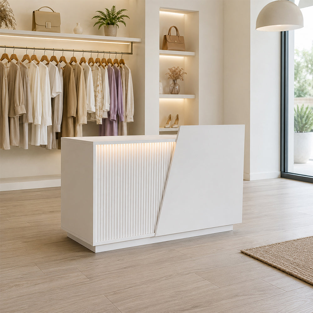 LIVARA 120/180cm Modern Reception Counter with LED Lighting and Storage for Retail Store & Salon - White Slatted, Left Raised Counter