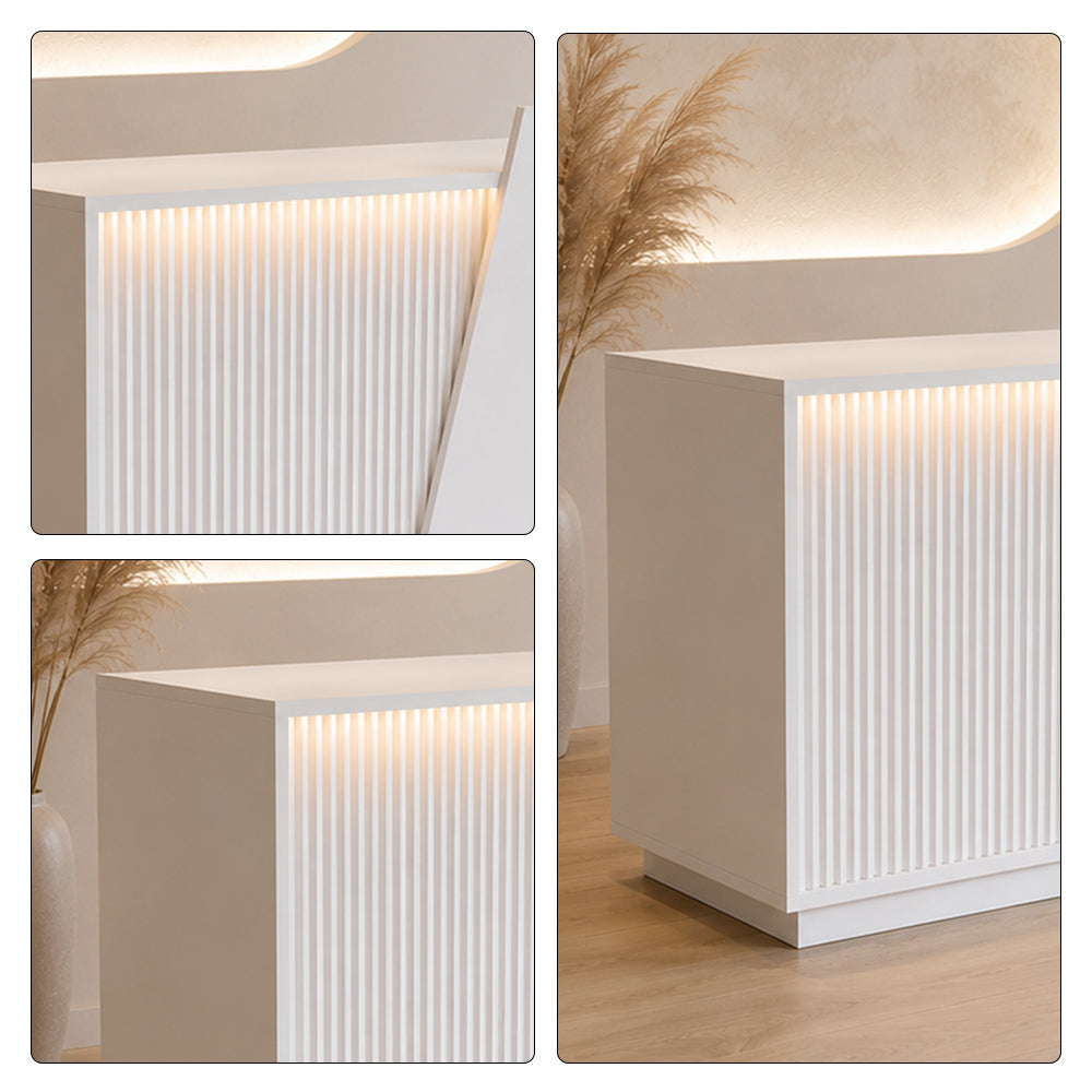 LIVARA 120/180cm Modern Reception Counter with LED Lighting and Storage for Retail Store & Salon - White Slatted, Left Raised Counter