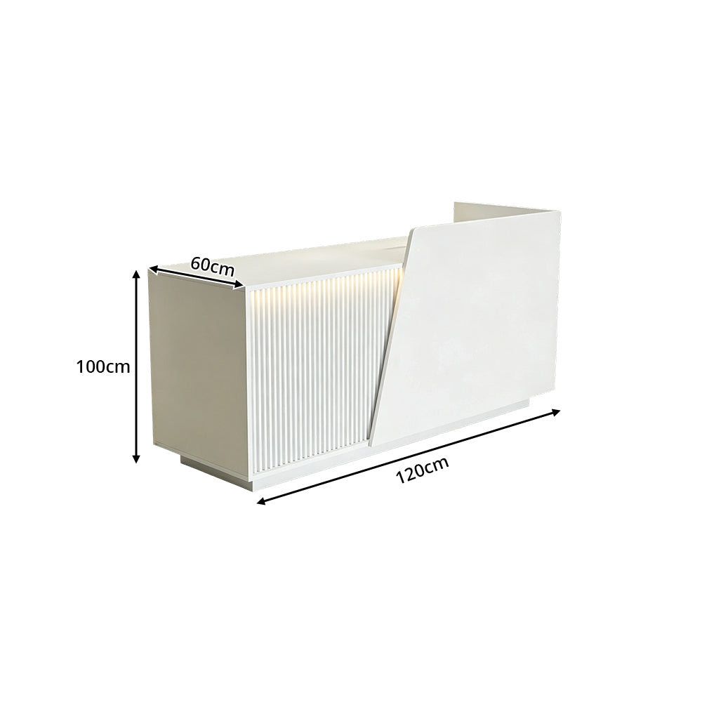 LIVARA 120/180cm Modern Reception Counter with LED Lighting and Storage for Retail Store & Salon - White Slatted, Left Raised Counter