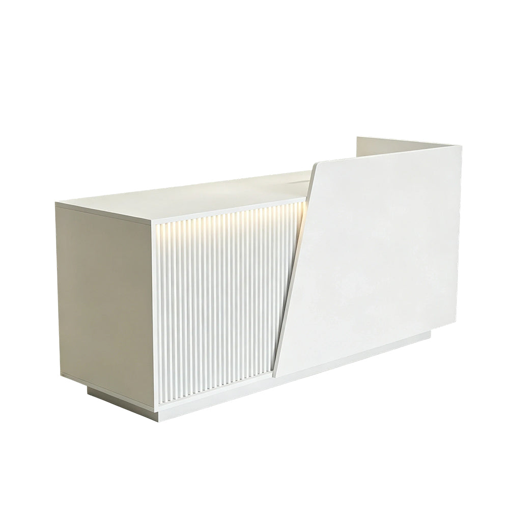 LIVARA 120/180cm Modern Reception Counter with LED Lighting and Storage for Retail Store & Salon - White Slatted, Left Raised Counter