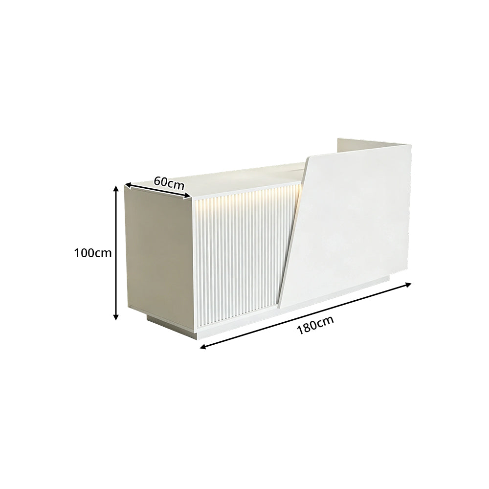 LIVARA 120/180cm Modern Reception Counter with LED Lighting and Storage for Retail Store & Salon - White Slatted, Left Raised Counter