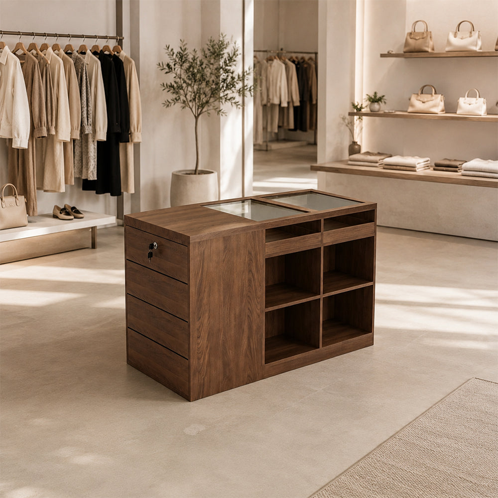 LIVARA 120cm Retail Island Display Counter with Tempered Glass Top and Lockable Storage for Boutique & Clothing Store - Walnut