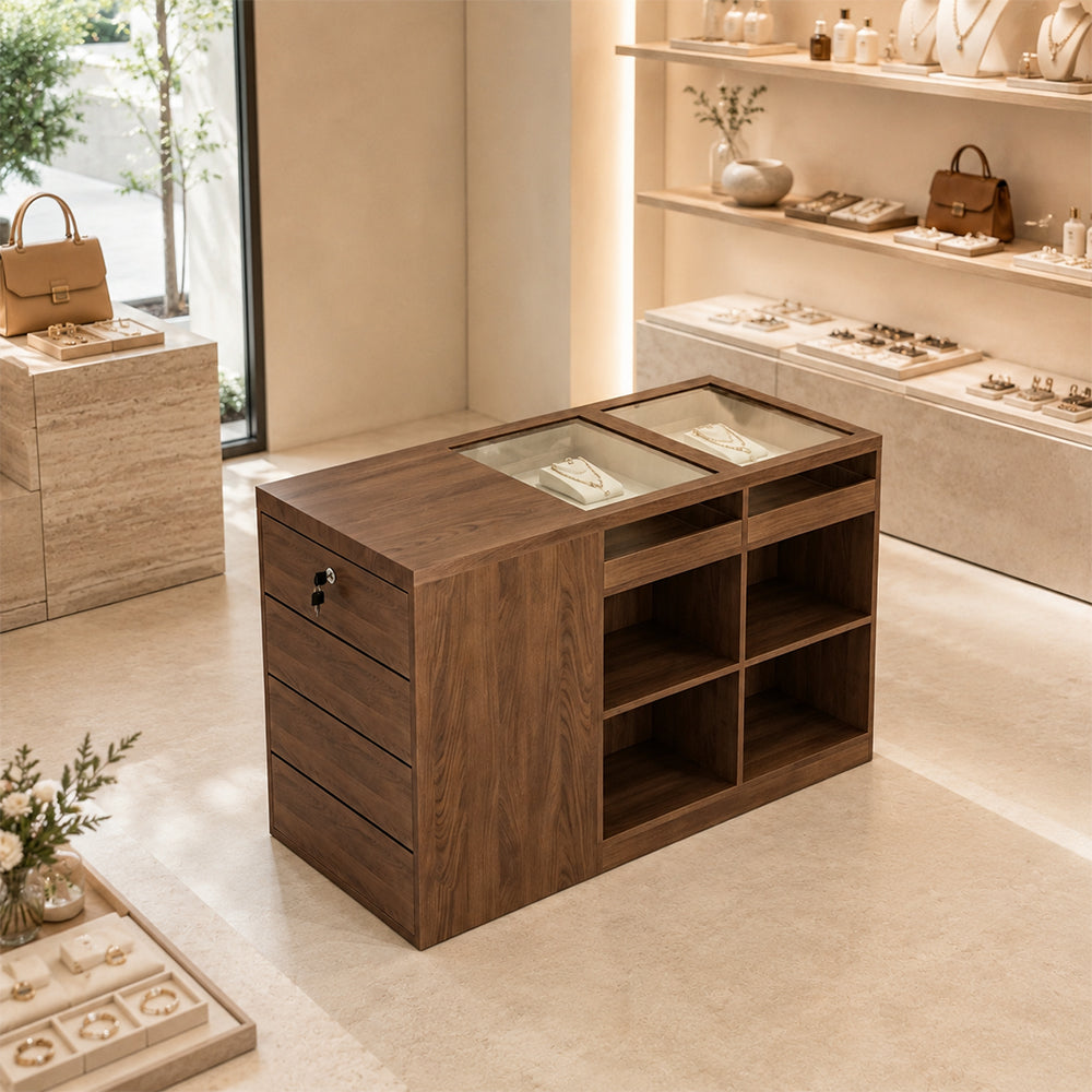 LIVARA 120cm Retail Island Display Counter with Tempered Glass Top and Lockable Storage for Boutique & Clothing Store - Walnut