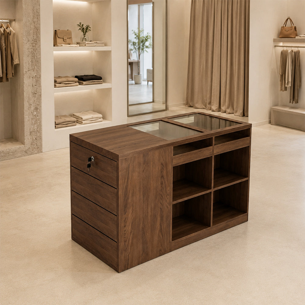 LIVARA 120cm Retail Island Display Counter with Tempered Glass Top and Lockable Storage for Boutique & Clothing Store - Walnut