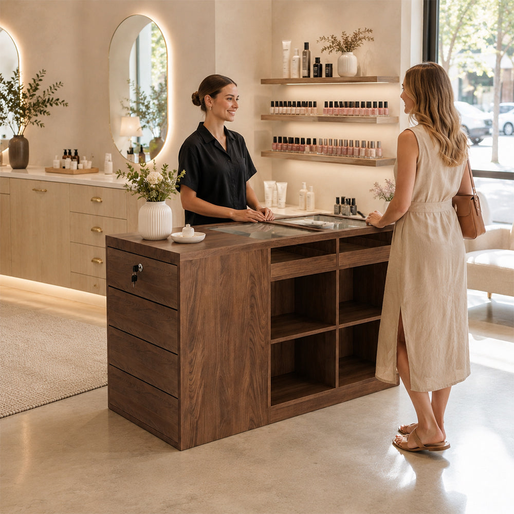 LIVARA 120cm Retail Island Display Counter with Tempered Glass Top and Lockable Storage for Boutique & Clothing Store - Walnut