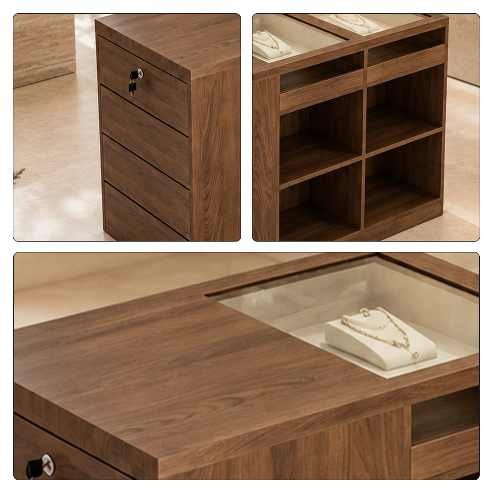 LIVARA 120cm Retail Island Display Counter with Tempered Glass Top and Lockable Storage for Boutique & Clothing Store - Walnut