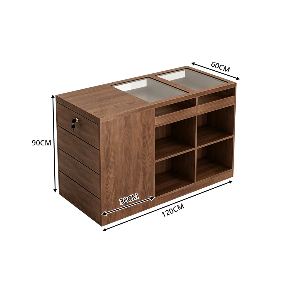 LIVARA 120cm Retail Island Display Counter with Tempered Glass Top and Lockable Storage for Boutique & Clothing Store - Walnut