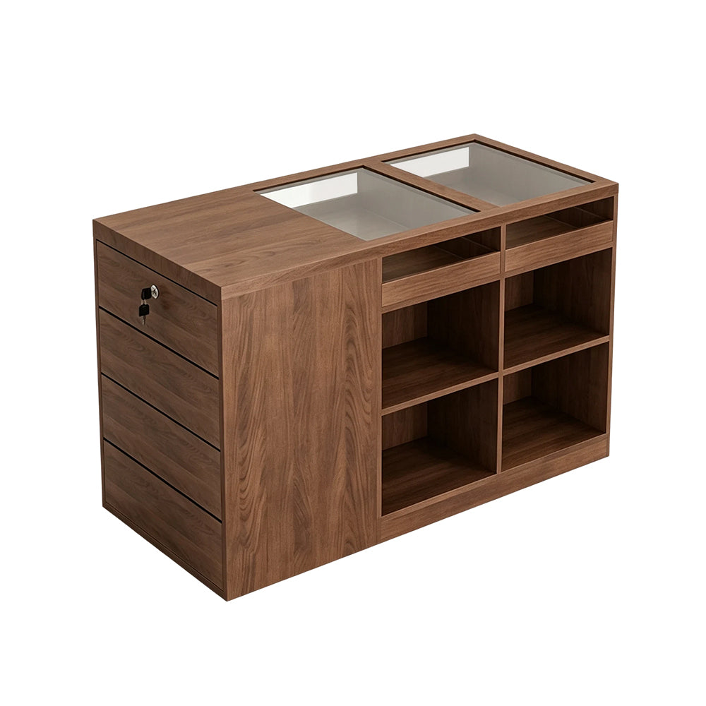 LIVARA 120cm Retail Island Display Counter with Tempered Glass Top and Lockable Storage for Boutique & Clothing Store - Walnut