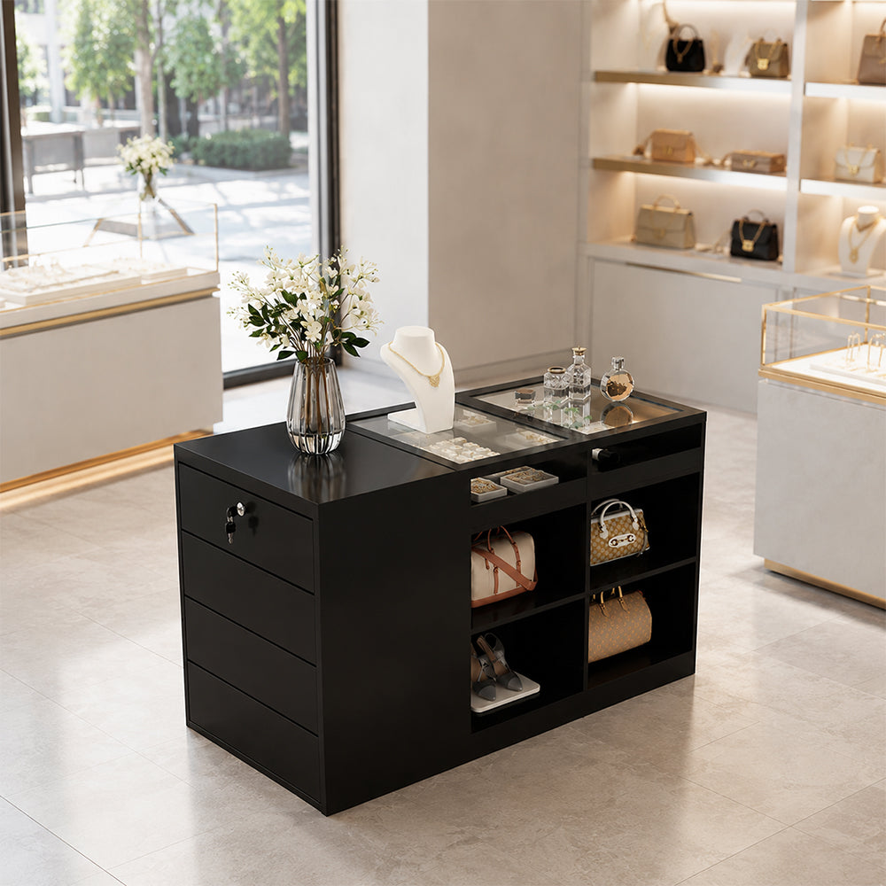 LIVARA 120cm Retail Island Display Counter with Tempered Glass Top and Lockable Storage for Boutique & Clothing Store - Black