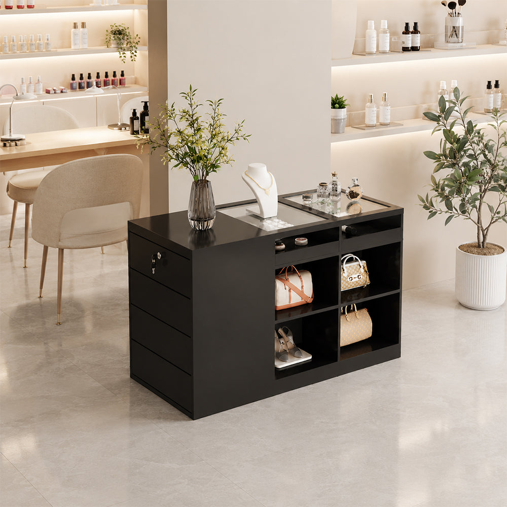 LIVARA 120cm Retail Island Display Counter with Tempered Glass Top and Lockable Storage for Boutique & Clothing Store - Black