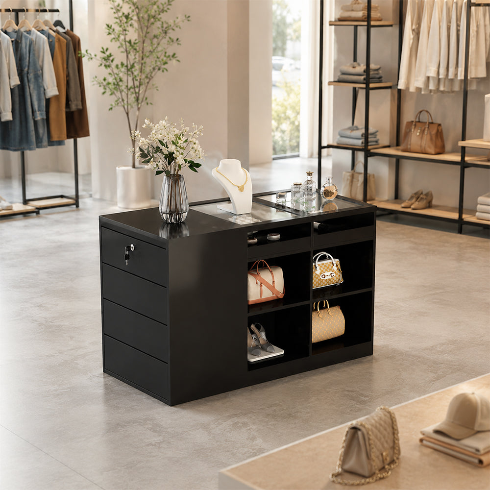 LIVARA 120cm Retail Island Display Counter with Tempered Glass Top and Lockable Storage for Boutique & Clothing Store - Black