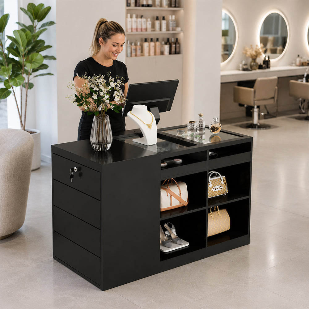 LIVARA 120cm Retail Island Display Counter with Tempered Glass Top and Lockable Storage for Boutique & Clothing Store - Black