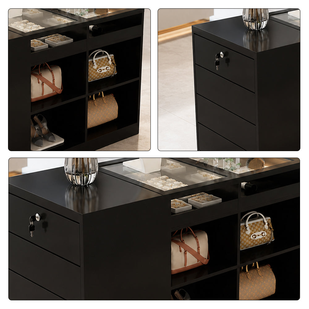 LIVARA 120cm Retail Island Display Counter with Tempered Glass Top and Lockable Storage for Boutique & Clothing Store - Black