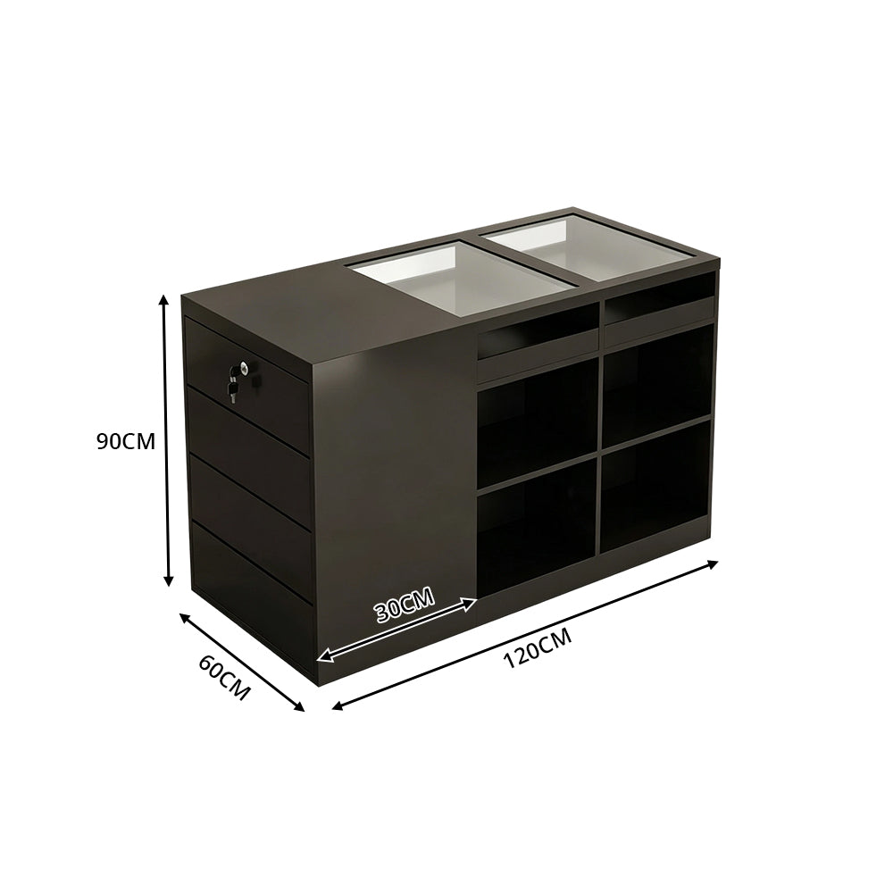 LIVARA 120cm Retail Island Display Counter with Tempered Glass Top and Lockable Storage for Boutique & Clothing Store - Black