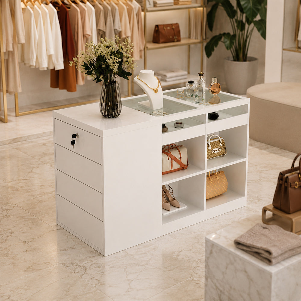 LIVARA 120cm Retail Island Display Counter with Tempered Glass Top and Lockable Storage for Boutique & Clothing Store - White