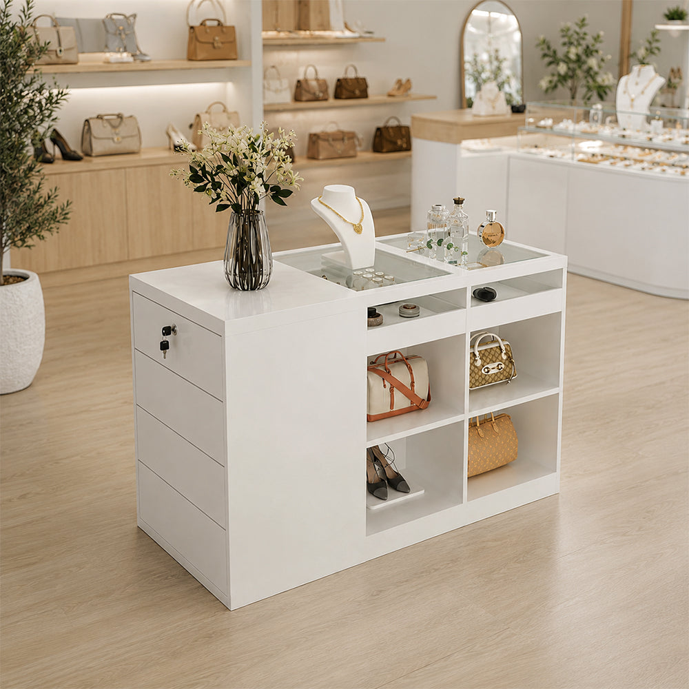 LIVARA 120cm Retail Island Display Counter with Tempered Glass Top and Lockable Storage for Boutique & Clothing Store - White