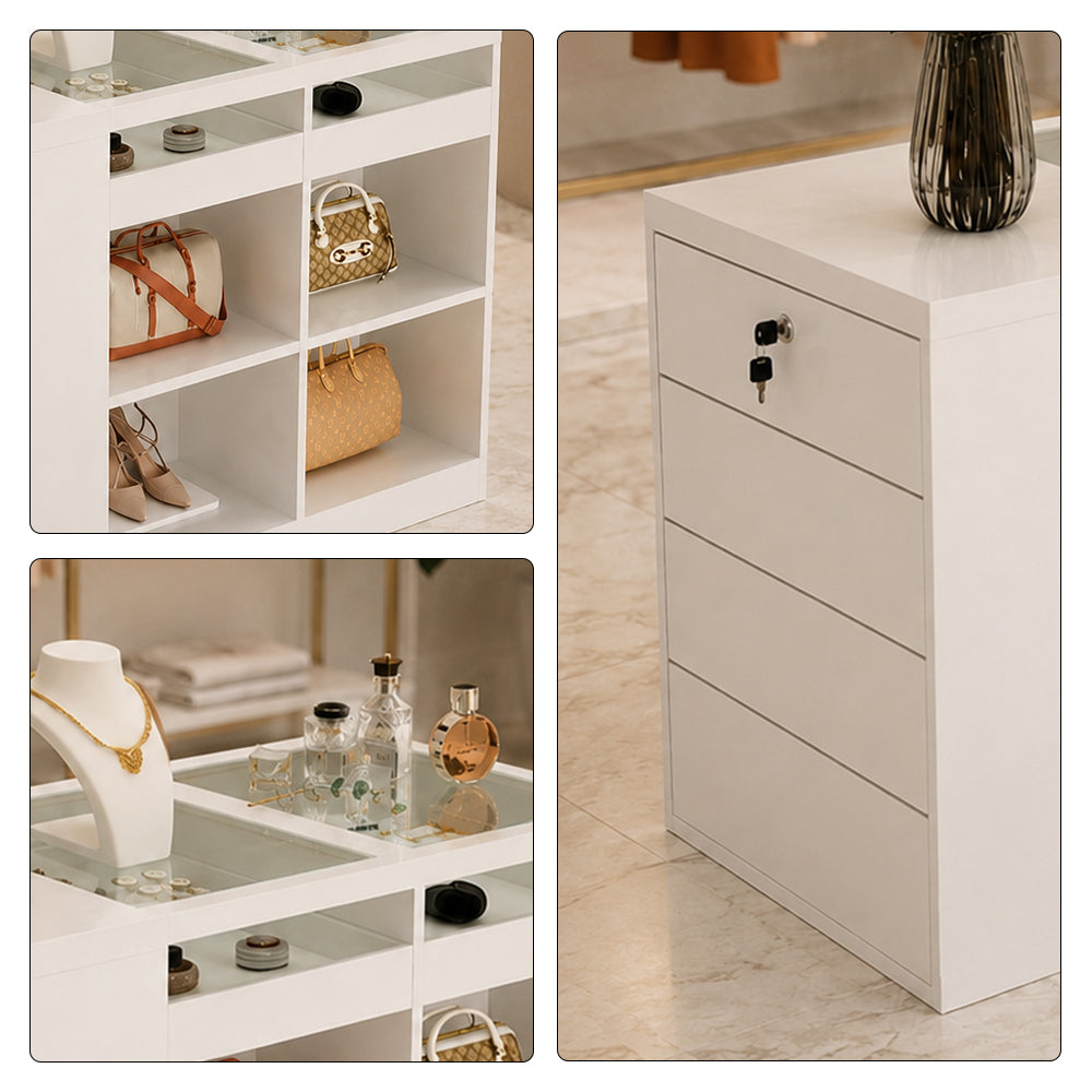 LIVARA 120cm Retail Island Display Counter with Tempered Glass Top and Lockable Storage for Boutique & Clothing Store - White