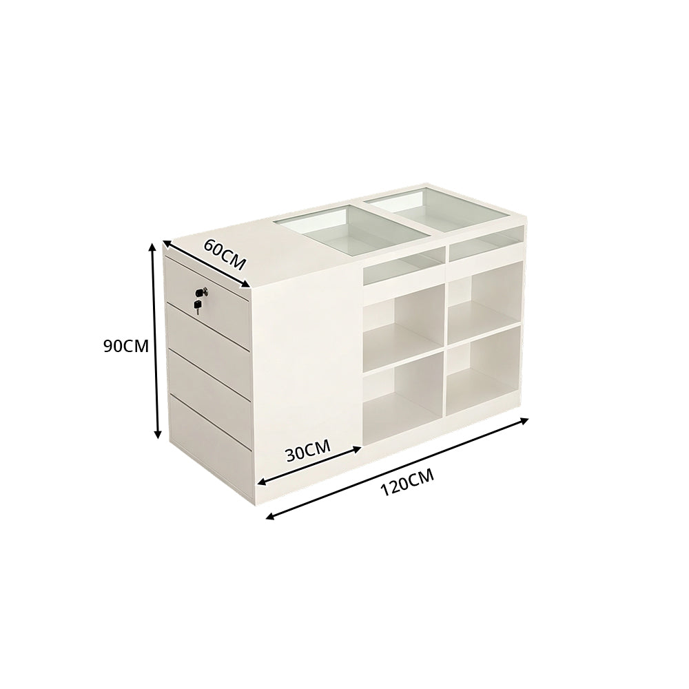 LIVARA 120cm Retail Island Display Counter with Tempered Glass Top and Lockable Storage for Boutique & Clothing Store - White
