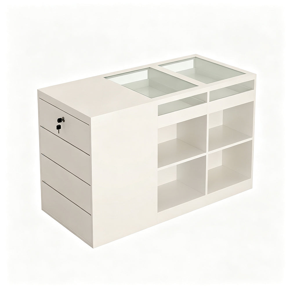 LIVARA 120cm Retail Island Display Counter with Tempered Glass Top and Lockable Storage for Boutique & Clothing Store - White