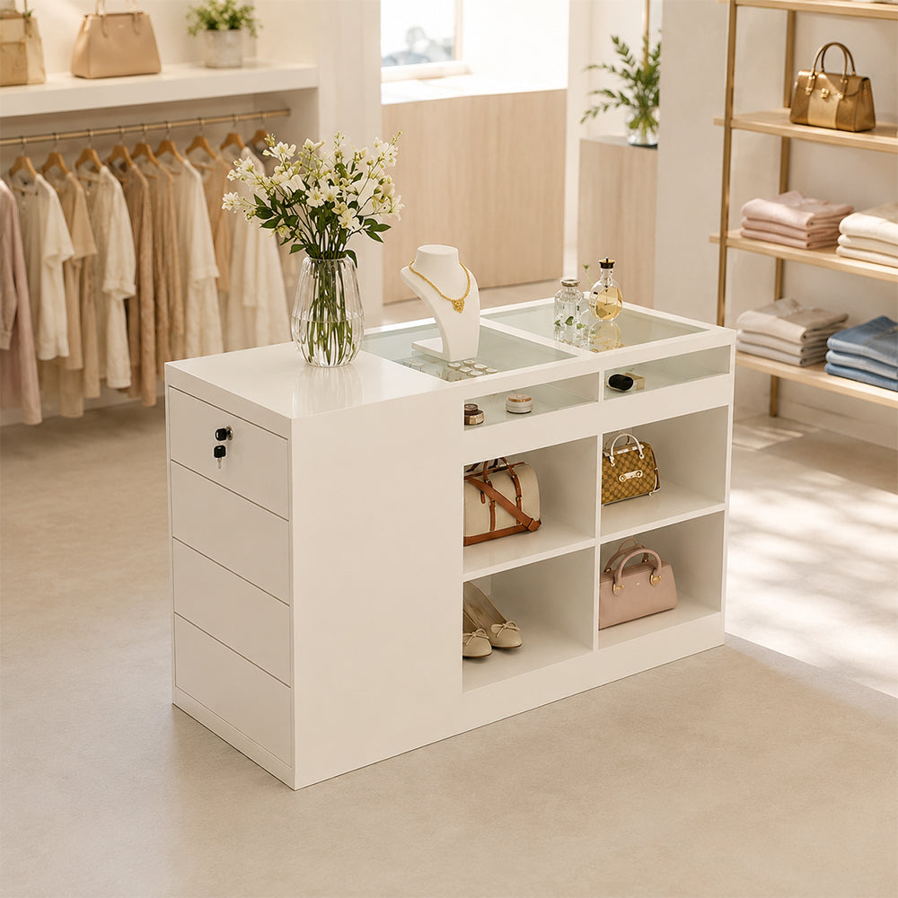 LIVARA 120cm Retail Island Display Counter with Tempered Glass Top and Lockable Storage for Boutique & Clothing Store - Beige